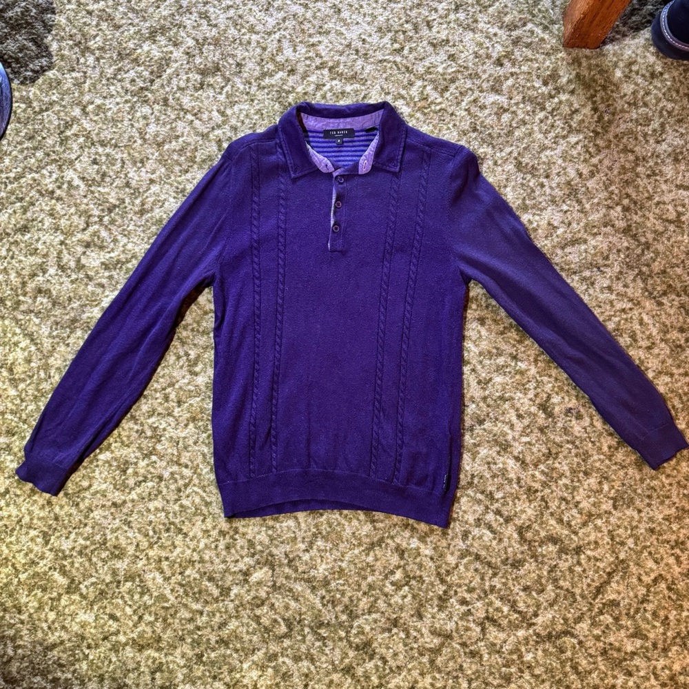 Ted Baker Dark Purple Braided Knit Cotton/Viscose Collared Sweater Small Size 2
